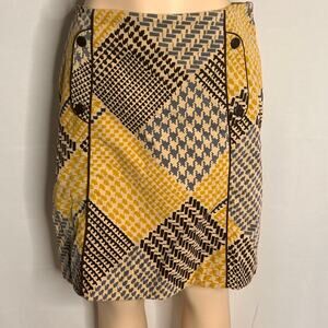Maeve Anthropologie Patchwork Houndstooth Skirt Women 12 Yellow Gray A-Line